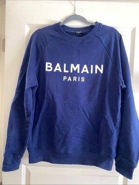 Balmain Navy Crewneck Sweatshirt with White Logo